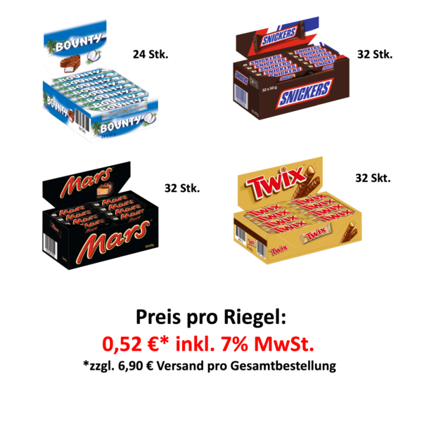 FISGUS® Mars Kollektion - 32 Snickers - 32 Mars - 32 Twix - 24 Bounty = 120 Stk. = 6,2KG